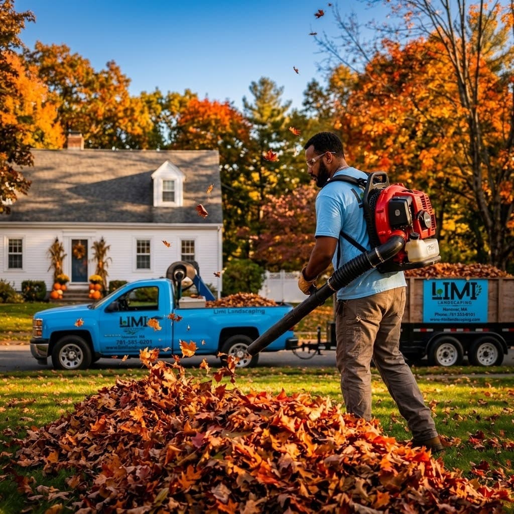 Fall cleanup service in Massachusetts — Limi Landscaping crew member using a backpack leaf blower to clear vibrant autumn leaves at a New England colonial home with company truck and trailer in background