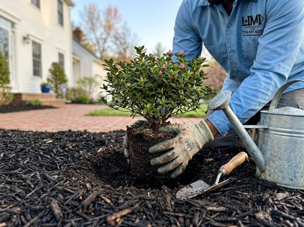 Planting service in Massachusetts — Limi Landscaping crew member planting a flowering azalea shrub in a freshly mulched bed
