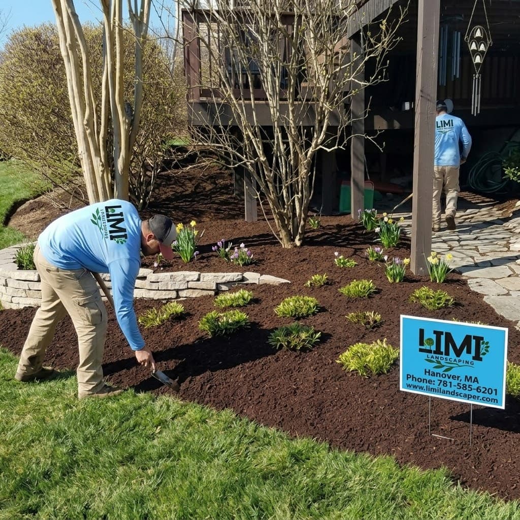 Spring cleanup service in Massachusetts — Limi Landscaping crew planting fresh perennials and daffodils in a freshly mulched bed at a Hanover, MA home