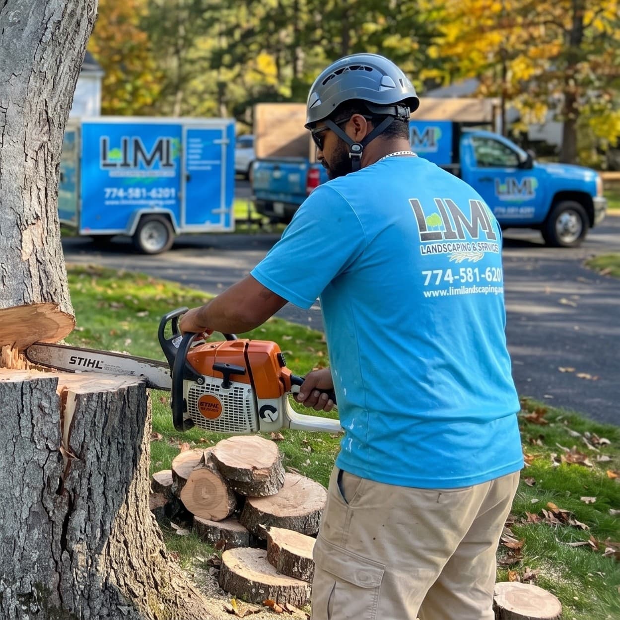 Tree removal service in Massachusetts — Limi Landscaping crew member using a chainsaw to safely remove a tree with company truck in background